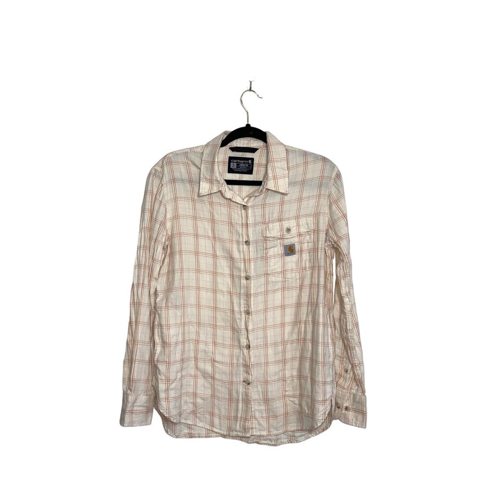 Carhartt Loose Fit 100% Cotton Cream Button Down Plaid Shirt Small Women’s
